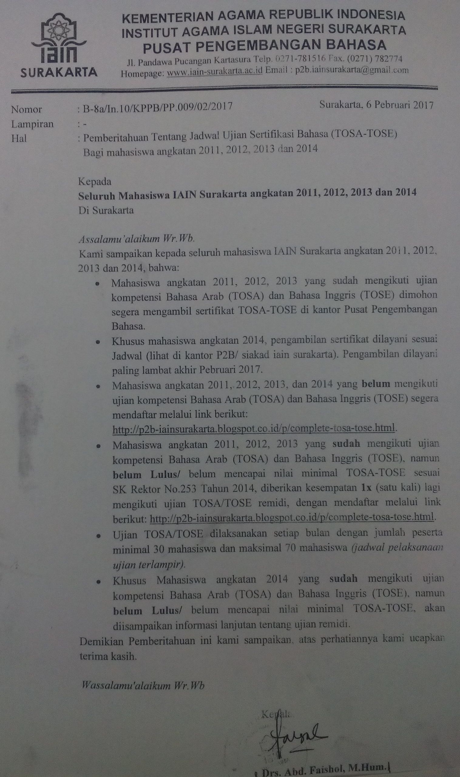  JADWAL  UJIAN SERTIFIKASI  BAHASA TOSA TOSE Fakultas 